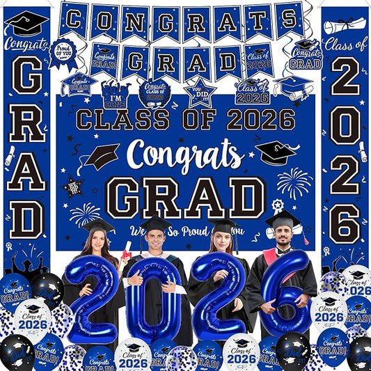 Graduation Decorations Class of 2026 - Blue Themed Graduation Supplies Include Grad Backdrop, Banner, Hanging Swirls, Porch Sign, Balloons, Foil Number 2026 for Congrats Grad Party Decorations