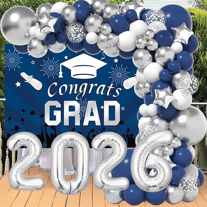 Graduation Decorations Class Of 2026: Navy Blue and Silver Graduation Decorations 2026 Graduation Balloons Arch Kit Congrats Grad Backdrop Party Supplies for High School & College Celebrations