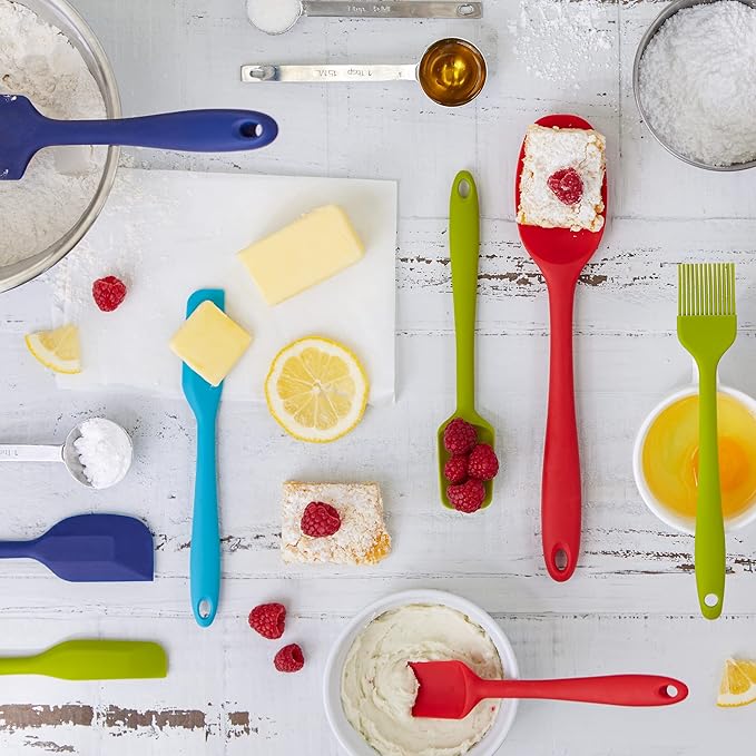 RSVP International Ela Series Mini Spatula Set for Cooking & Baking Silicone Rubber Scraper, Great Tool for Kids, Spoon, Spatula & Brush, 4 Piece Set, Assorted Colors, 4 Count
