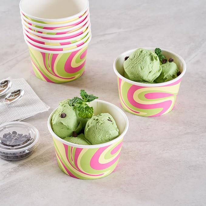 Restaurantware Ice Cream Cups 200 Pack of 8 oz Leak-Resistant Disposable Dessert Bowl Frozen Yogurt Cup Round Paper Container For Cold And Hot Desserts