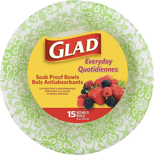 Glad Round Disposable Paper Bowls, Green Victorian Design - Heavy Duty, Soak-Proof, Cut-Resistant, Microwavable Paper Bowls for All Foods and Daily Use, 16 oz, 15 Count