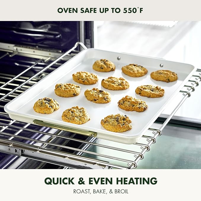 GreenPan Bakeware 13"x18" Half Baking Sheet Pan, Ceramic Nonstick Baking Pan, PFAS & BPA Free, Gold Handles, Durable Steel, Versatile & Space Saving Ovenware, Freezer to Oven Dish, Cream