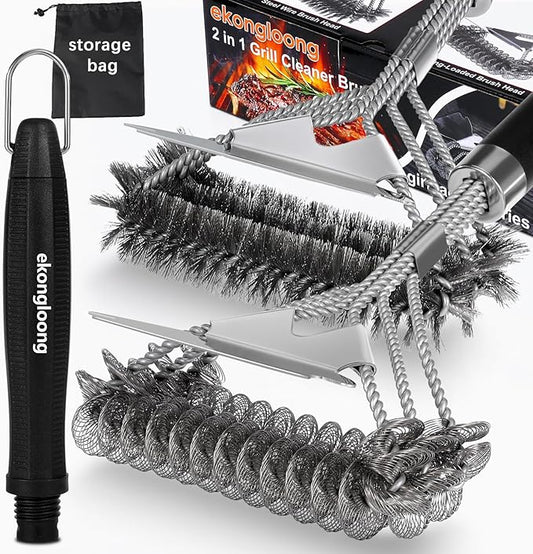 18" Heavy Duty BBQ Grill Brush and Scraper Set, 2-in-1 Safe Bristle Free Grill Cleaner & Strong Wire Brush, Professional Grill Scraper for Outdoor Gas Charcoal Grills, Deep Cleaning BBQ Tools