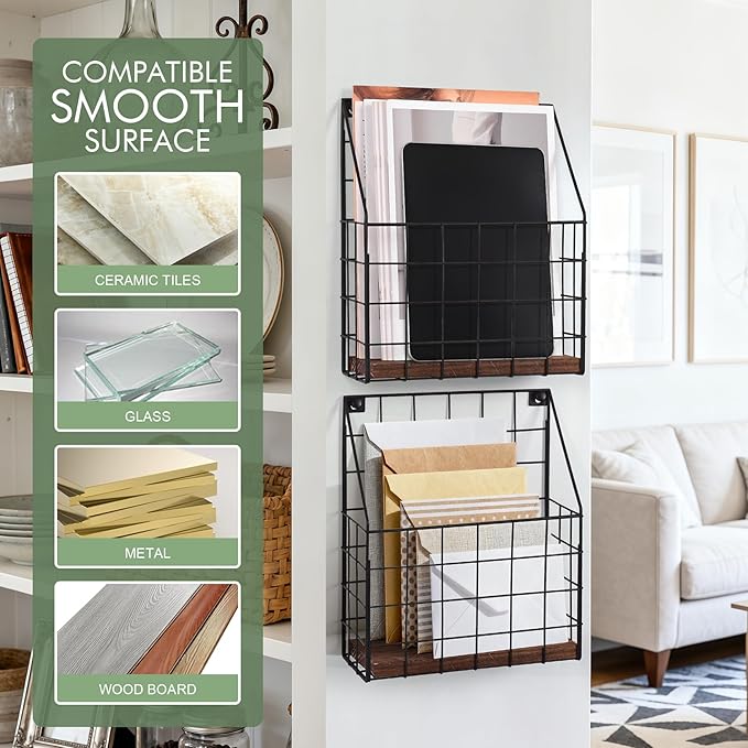 Mail Holder Magazine Basket - 2 Pack Black Wall Mount File Organizer Rack of Wooden Style with Adhesive Mounting - Metal Wire Hanging Sorter for Document Folders Newspaper Clipboard Brochure Display