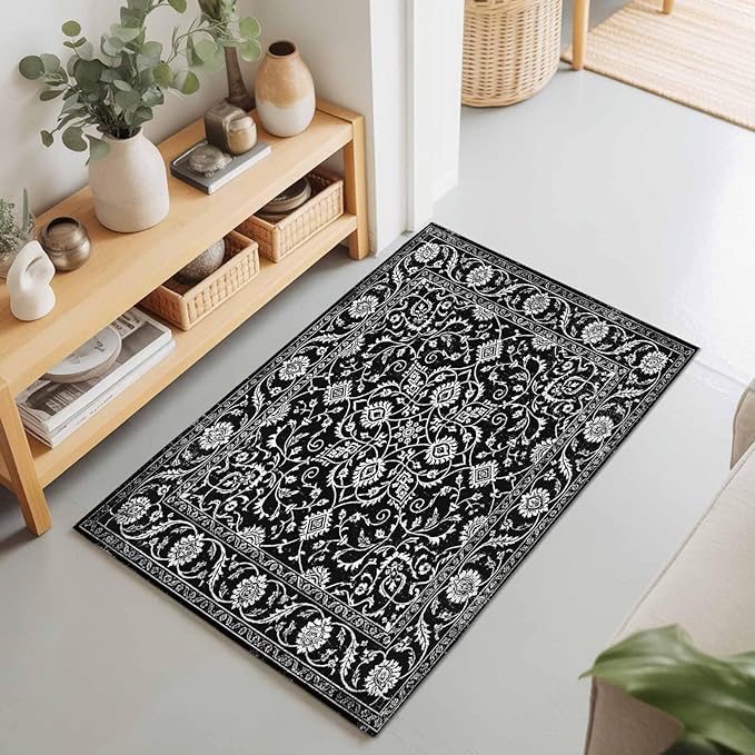 Area Rug 2x3ft, Paisley Vintage Black Floral Washable Rugs for Living Room Bedroom, Classic Flower Texture Soft Non-Slip Area Rugs Rectangle Floor Carpet for Dining Room