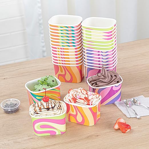 Restaurantware Paper Cups 200 Count 12 Ounce Square Disposable Ice Cream Containers, Leak-Resistant Paper Dessert To Go Cups, Hot And Cold Food, Durable Assorted Groovy Design