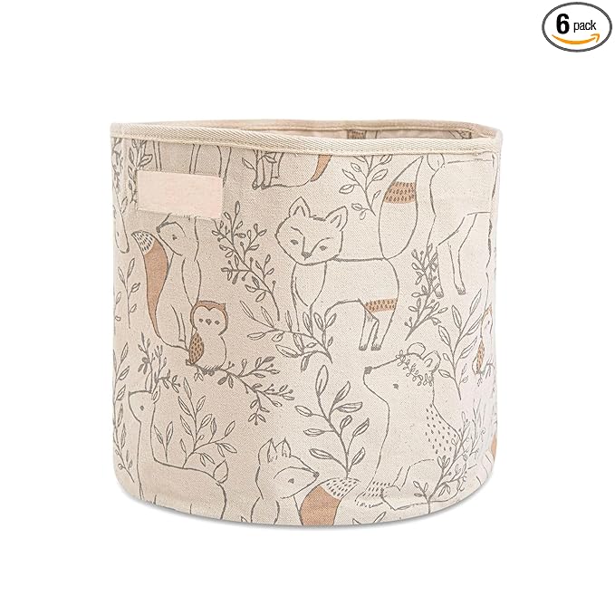 Crane Baby Woodland Nursery Basket, Animal Nursery Decor, Fabric Storage Bin, Collapsible Forest Decor, Hamper with Handles for Toys, Laundry, and Baby Items (Pack of 6)