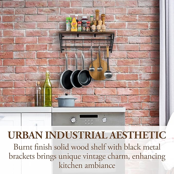 MyGift Urban Industrial Burnt Solid Wood Kitchen Floating Shelf with Black Metal Brackets for Pots and Pans with 12 S-Hooks Utensil Hanger, Wall Mounted Storage Display Shelving