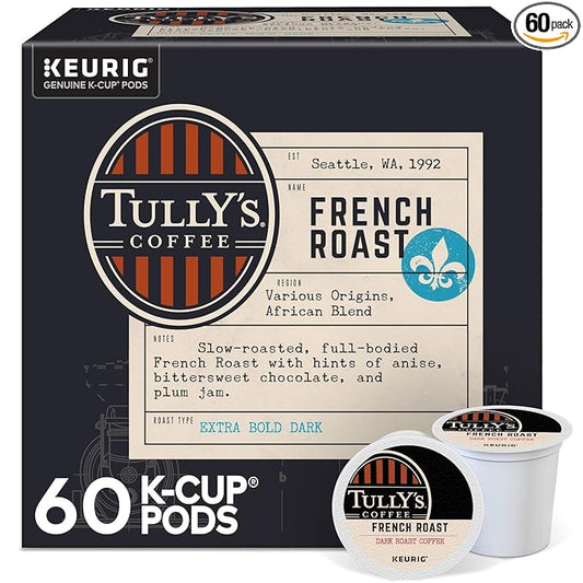 Tully's Coffee French Roast, Keurig Single Serve K-Cup Pods, Dark Roast Coffee, 60 Count, (6 Packs of 10)