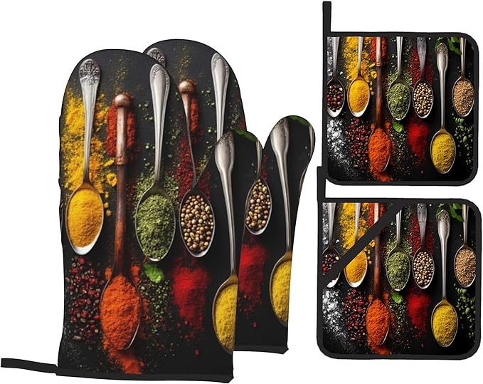 Oven Mitts and Hot Pads Set - Colorful Spoon Design, Heat Resistant Cute Pot Holders for Kitchen, Baking Gifts for Women