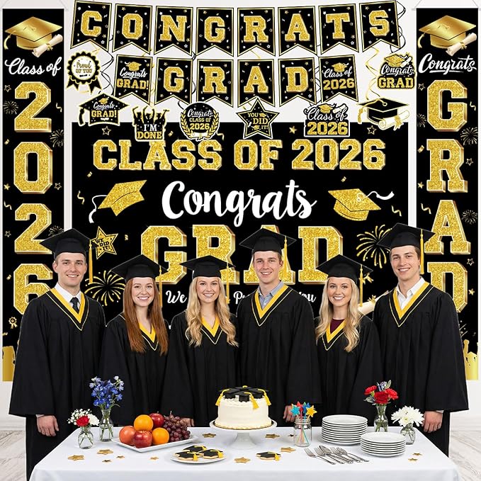 Graduation Decorations Class of 2026 - Black and Gold Graduation Party Supplies Include Backdrop, Banner, Hanging Swirls, Porch Sign, Balloons for Congrats Grad Decorations