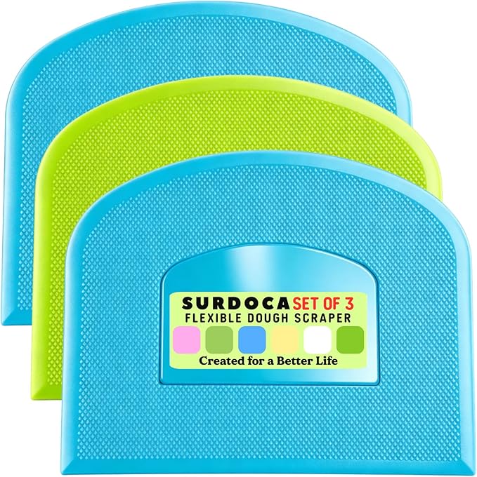 SURDOCA Dough Scraper Bench Scraper - 3P 11.8x7.3" Plastic Flexible Bowl Scraper, Sharp Edge & Angles Cake Scraper. Non-Slip Bakeware Decorating Tools Sculpting & Modeling Tools - Blue+Green+Blue
