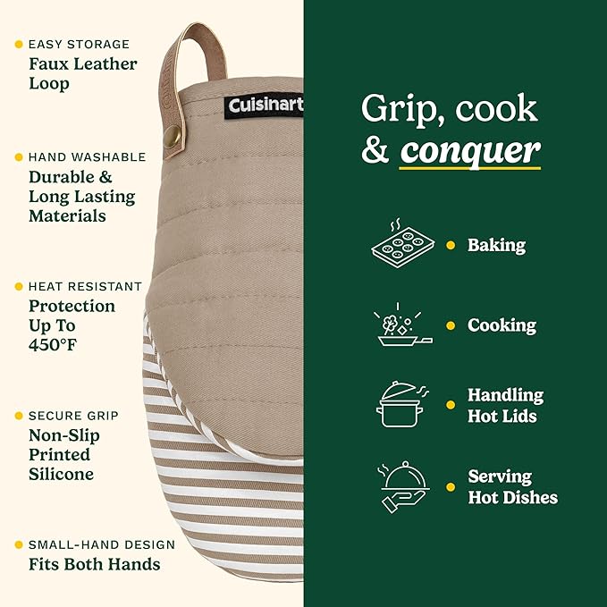 Cuisinart Mini Oven Mitts – 5.5” x 8” Heat-Resistant Kitchen Mitts for Oven with Non-Slip Printed Silicone, Cotton Filling, and Faux Leather Loop – Durable Oven Mitt Set for Cooking & Baking