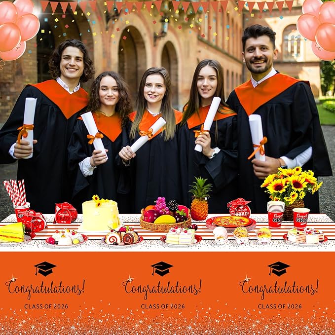 12 Pack Class of 2026 Graduation Tablecloths,Foil Dot Plastic Disposable Rectangle Table Covers for 2026 High School University College Graduation Party Decorations,108*54 Inch (Orange and Black)