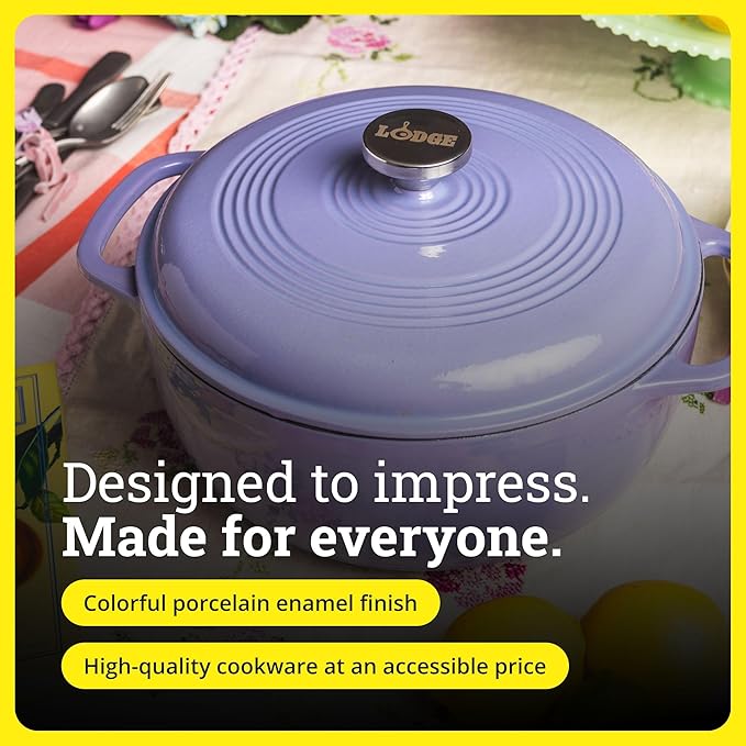 Lodge Essential Enamel Cast Iron Dutch Oven - Perfect for Bread Baking, Braising, Marinating & Slow Cooking - Features Moisture-Sealing Lid & Dual Handles - Kitchen Essentials - 6 Quarts - Lilac
