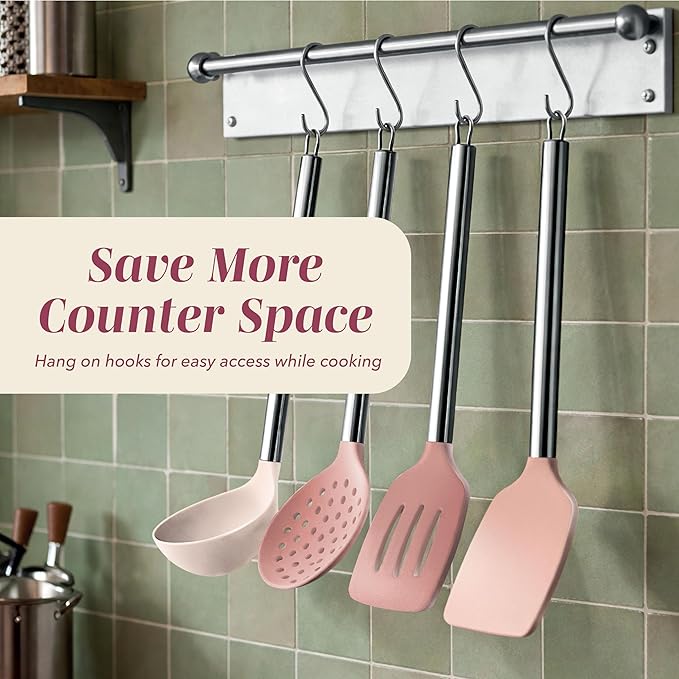 COOK WITH COLOR Silicone Cooking Utensils, Kitchen Utensil Set, Easy to Clean Silicone Kitchen Utensils, Cooking Utensils for Nonstick Cookware, Kitchen Gadgets Set, 10 Pieces, Rose