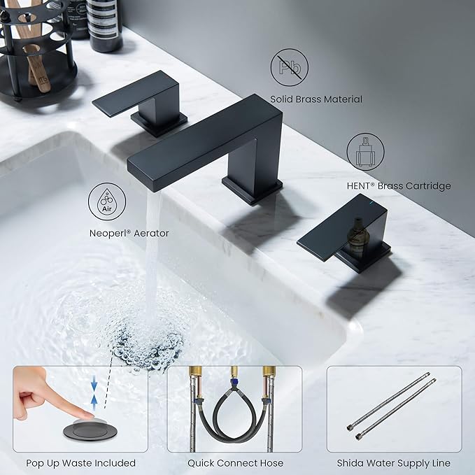 KIBI 2-Handle Cube Bathroom Sink Faucet with Drain Assembly | 3-Hole Installation, Solid Brass Construction | 8-Inch Wide Spread Lavatory Faucet | Matte Black, KBF1024