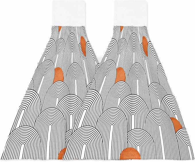 Alandar Home Kitchen Tie Towel Set of 2, Boho Abstract Black White Rounds Stripes Absorbent Soft Hand Towels for Bathroom Hanging Towels, Orange Polka Dots Fast Drying Cleaning Cloth with Loop