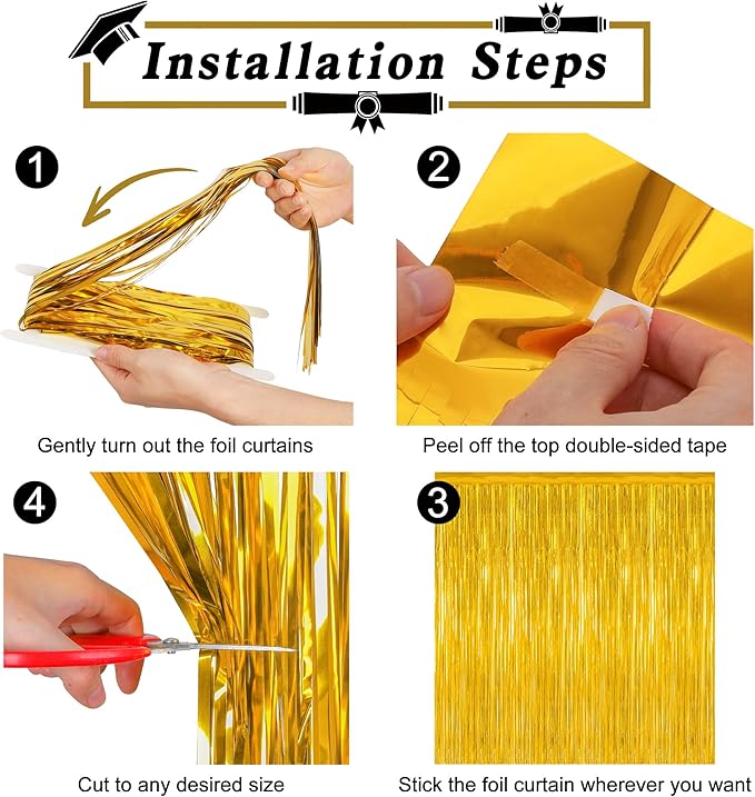 8 Pack 2026 Graduation Party Decorations, 3.28 FT x 7.05 FT Gold Backdrop, Metallic Graduation Photo Backdrop Grad Foil Curtains Party Streamer, Class of 2026 Decorations Grad Decor