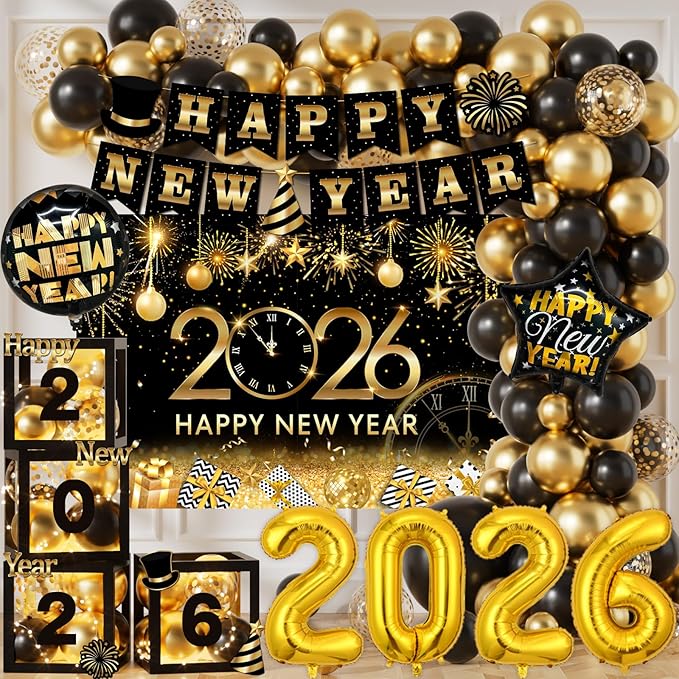 119Pcs New Years Eve Party Supplies -2026 Balloon Arch Garland Kit with Backdrop,Banner,Balloon Boxes for Happy New Year Decorations 2026