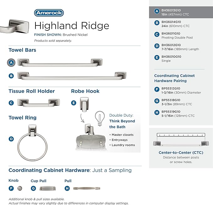 Amerock BH36013G10 | Brushed Nickel Towel Bar | 18 in (457 mm) Towel Rack | Highland Ridge | Bathroom Towel Holder | Bathroom Hardware | Bath Accessories