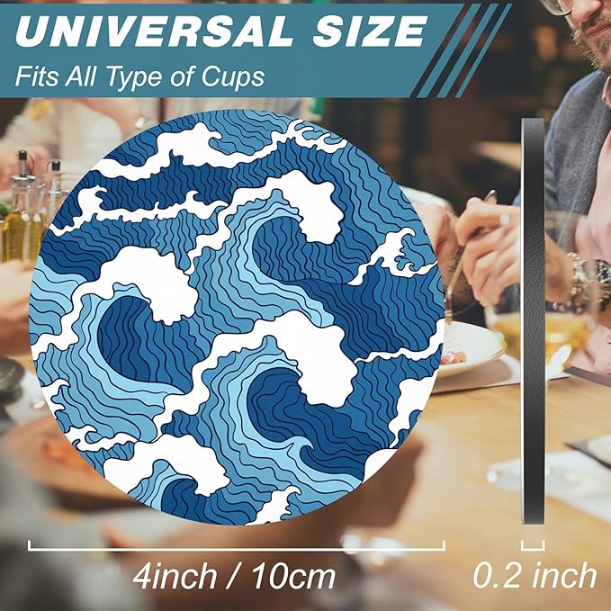 Nipichsha Coasters for Drinks, Set of 6 Cute Absorbent Rubber Drink Coasters for Cup with Non Slip Backing, Kitchen Home Decor Housewarming Gift, Round 4 in, Japanese Wave