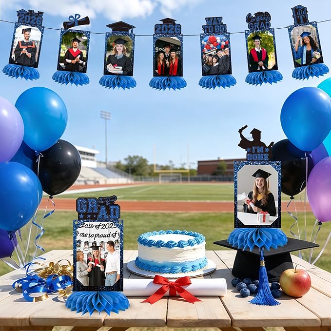 9 PCS Graduation Party Decorations Class of 2026 Honeycomb Centerpieces, Honeycomb Centerpieces for Graduation Photo Toppers Table Decorations. (Grad.Blue)