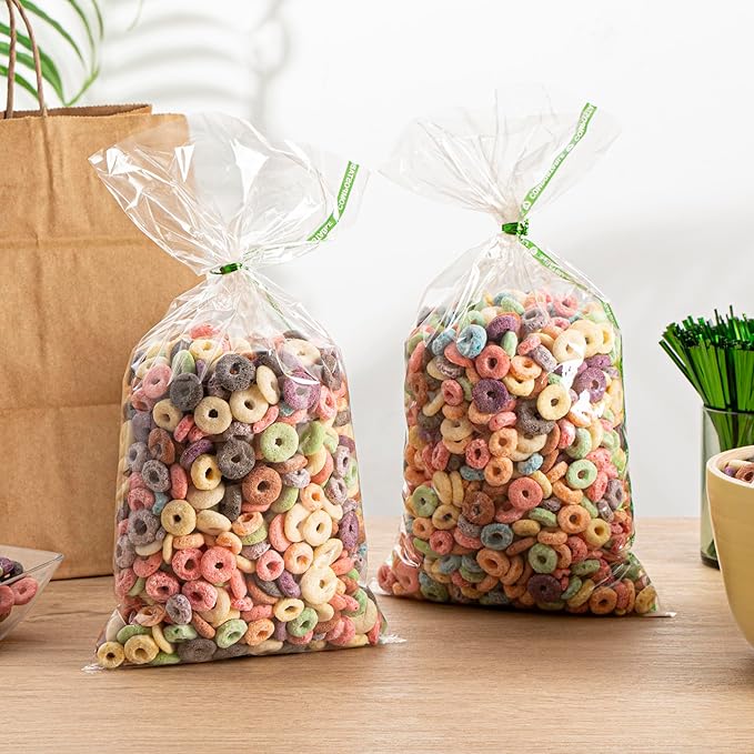 Restaurantware Candy Bags 100 Pcs 14" x 7" Heat-Sealable Clear Plastic Bags Greaseproof Home Compostable Freezer-Ready No-Flap Treat Carriers for Candies, Cookies, Bakery, Party Favours