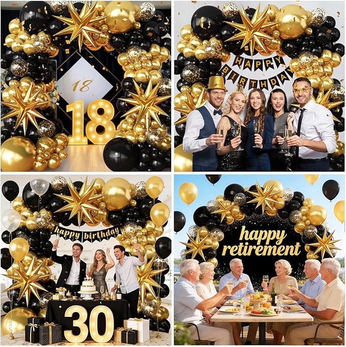 Black and Gold Balloon Garland Arch Kit for 2026 Graduation Birthday Party Retirement Bachelorette Party Prom Anniversary Decorations