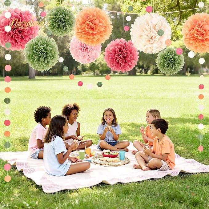 NICROLANDEE Wedding Party Decorations - 15Pcs Pink, Sage Green, Ivory Tissue Paper Pom Pom for Birthday Pastel Decorations, Engagement Baby/Bridal Shower Anniversary Valentine Dot Paper Backdrop Decor