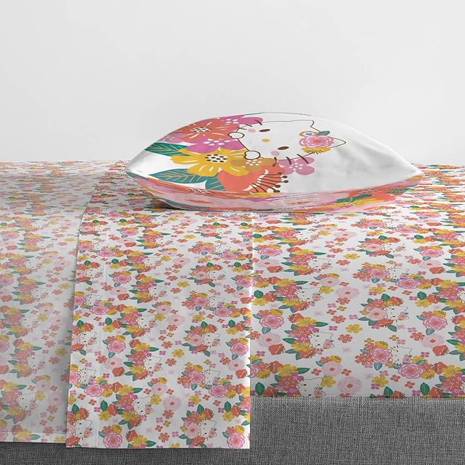 Jay Franco Sheet Set with Fitted, Flat Sheets & Pillow Cover - Ultra-Soft Bedding with Pillowcase for Room Decor, Multi - Hello Kitty, 4 Piece Full