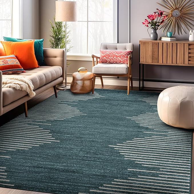 Rugshop Bohemian Stripe Stain Resistant High Traffic Living Room Kitchen Bedroom Dining Home Office Area Rug 7'10" x 10' Teal