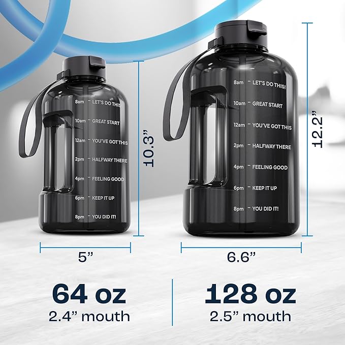 AQUAFIT Half Gallon Water Bottle with Time Marker - Straw & Chug Lid - BPA Free Gym Water Bottle with Straw - Big Gallon Jug (Blue, 64 oz - 2 Lids)