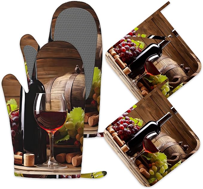 Vintage Glasses Wine Grapes Oven Mitts and Pot Holders Set of 4,Heat Resistant Non Slip Kitchen Gloves Hot Pads,Chef Cooking Baking Gifts for Women Bakers,Kitchen for Cooking Lover Cooks