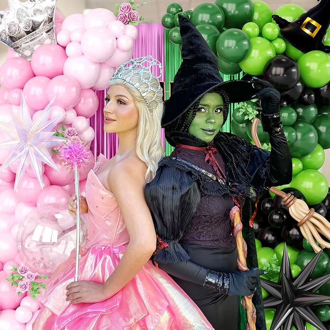 Pink and Green Balloon Arch Kit, 153Pcs Wick Party Decorations with Wick Balloons Arch and Foil Fringe Curtains for Princess Birthday Fairy Wonderlad Party Supplies