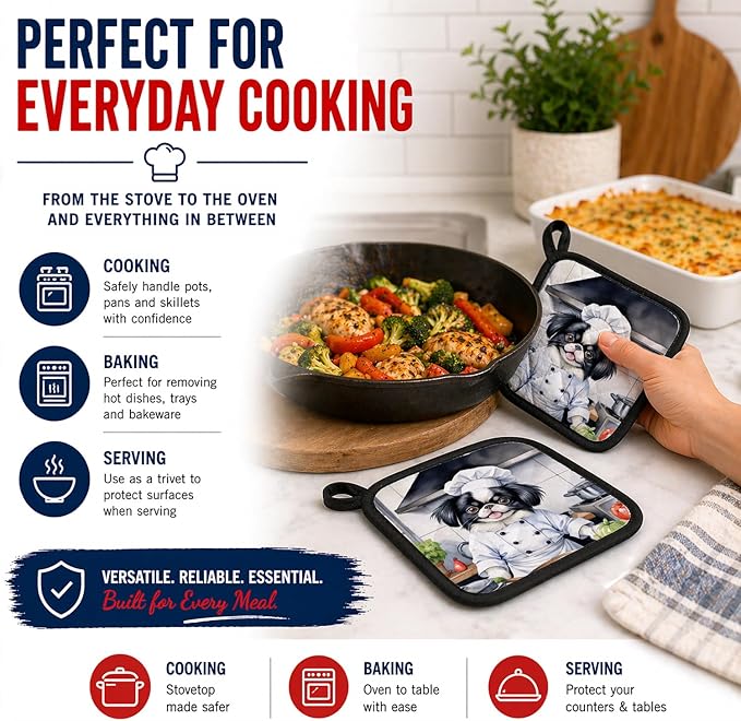 Caroline's Treasures Japanese Chin The Chef Pair of Pot Holders Kitchen Heat Resistant Pot Holders Sets Oven Hot Pads for Cooking Baking BBQ, 7 1/2 x 7 1/2