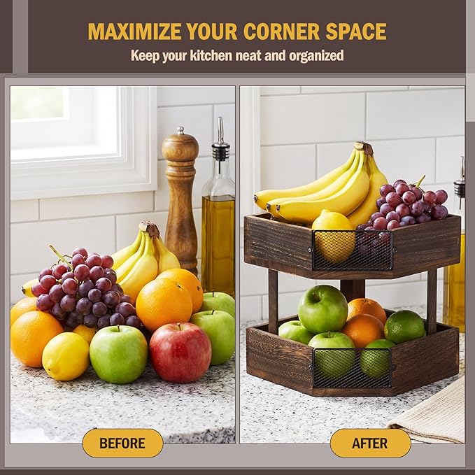 Vicenpal 2 Tier Corner Fruit Basket for Kitchen Countertop Wooden Farmhouse Fruit Bowl Vegetable Basket Produce Stand Storage Holder for Onion Potato, Vegetables, Spice Jars, Bread Storage