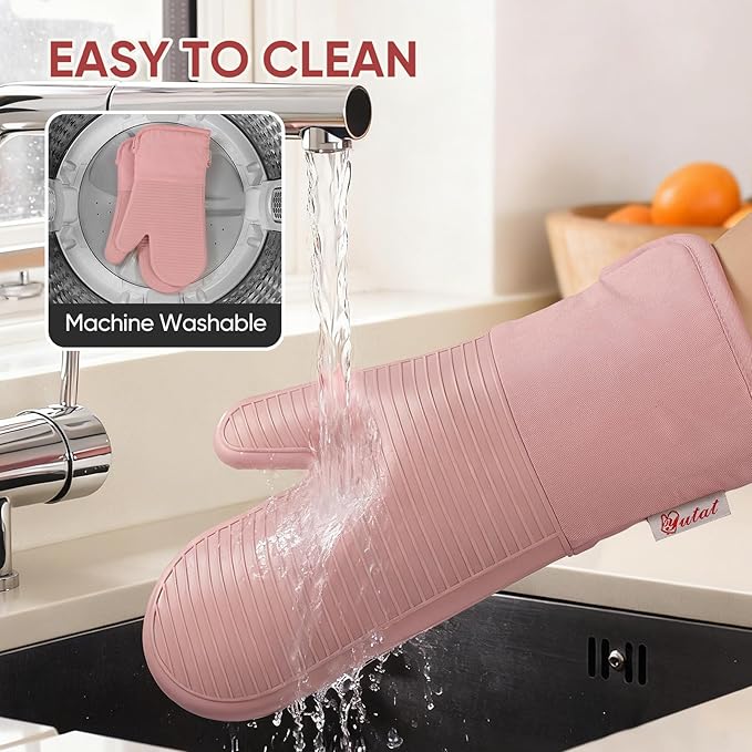 YUTAT Silicone Oven Mitts,High Heat Resistant Up to 500 Degrees,Waterproof Cooking Gloves with Soft Polyester Filling,Kitchen Potholder Set - Perfect for BBQ,Baking and Cooking,Pink,2 Pcs Set