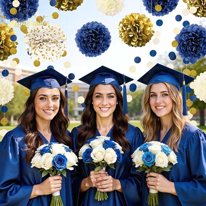 NICROLANDEE 15 PCS Navy Blue Gold Tissue Paper Pom Poms for Men Birthday, Baby Bridal Shower, Wedding, Bachelorette, Graduations, Navy Blue Engagement Party Backdrop Dot Paper Decorations