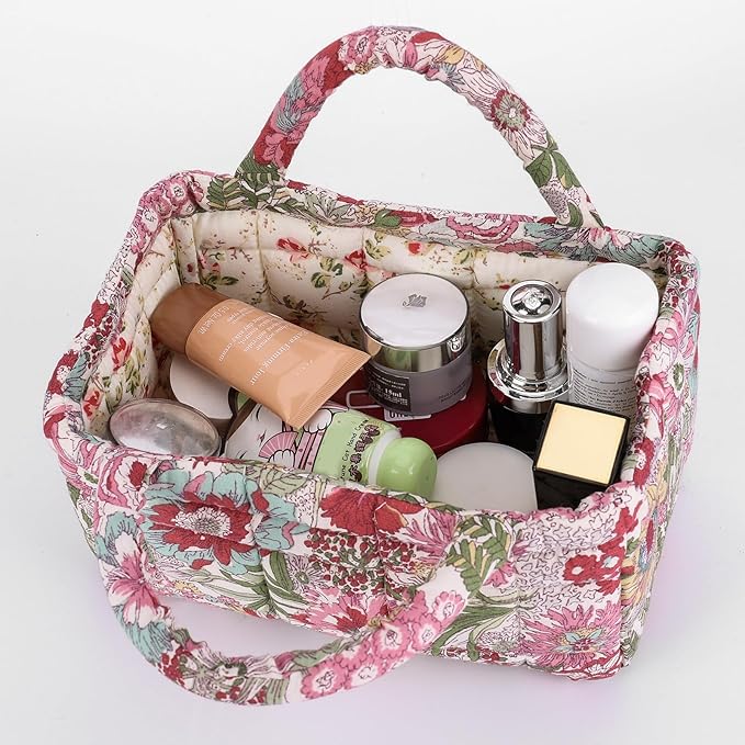 Quilted Fabric Storage Basket Floral Baby Diaper Caddy Quilted Basket for Nursery Bedroom Car Storage