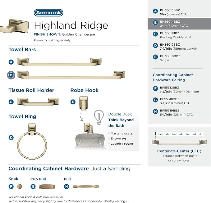 Amerock BH36014BBZ | Golden Champagne Towel Bar | 24 in (610 mm) Towel Rack | Highland Ridge | Bathroom Towel Holder | Bathroom Hardware | Bath Accessories