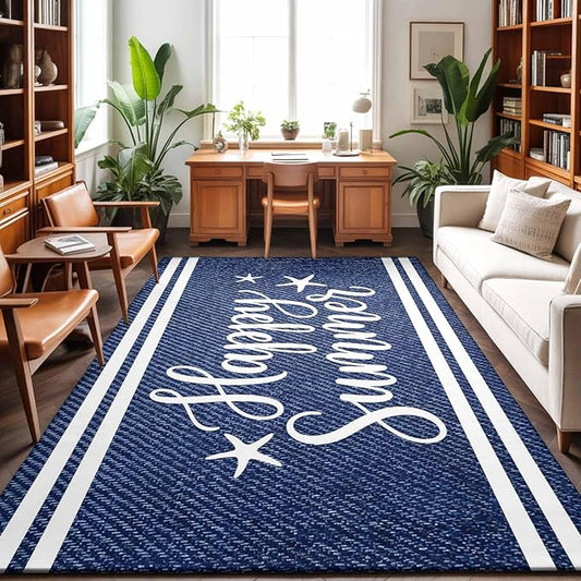 Area Rug 3x5ft, Happy Summer Quote Ocean Starfish Washable Rugs for Living Room Bedroom, Navy Blue Stripe Denim Texture Soft Non-Slip Area Rugs Rectangle Floor Carpet for Dining Room