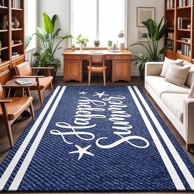 Area Rug 9x12ft, Happy Summer Quote Ocean Starfish Washable Rugs for Living Room Bedroom Rectangle Floor Carpet, Navy Blue Stripe Denim Texture Soft Non-Slip Area Rugs for Dining Room