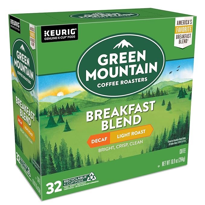 Green Mountain Coffee Roasters, Breakfast Blend Decaf Coffee, Keurig Single-Serve K-Cup Pods, Light Roast, 32 Count