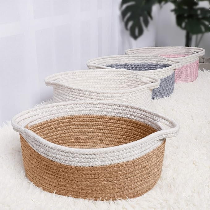 ABenkle Small Basket with Handles, Boho Decorative Rope Woven Dog Cat Toy Storage Bin Shelf Storage Organizer, Easter Christmas Gift Basket, 12"x8"x5", Brown