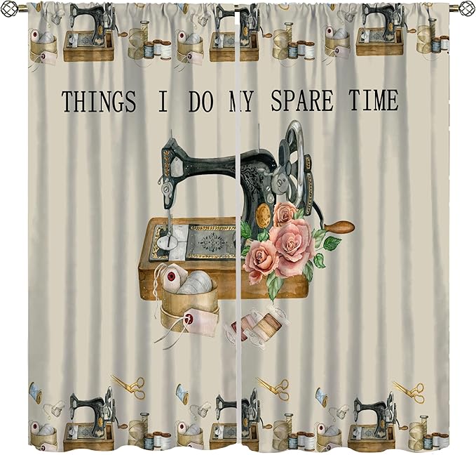 Sewing Theme Curtain,Sewing Machine Rose Flower Pattern Window Treatment Curtains Home Decor for Bedroom Cafe Dining Room Office Living Room Kitchen Drapes, 42x54 in
