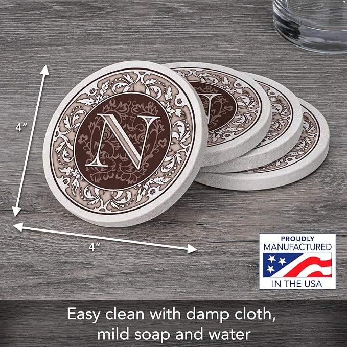 Thirstystone Monogram Letter N 4 Pack Sandstone Coasters Manufactured in The USA Decorative Absorbent Easily Wipes Clean