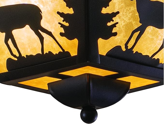 VAXCEL Bryce 14 Inch Flush Mount Rustic Ceiling Light, Deer Silhouette, Dimmable Indoor Outdoor Lighting, Burnished Bronze Finish, Amber Flake Glass