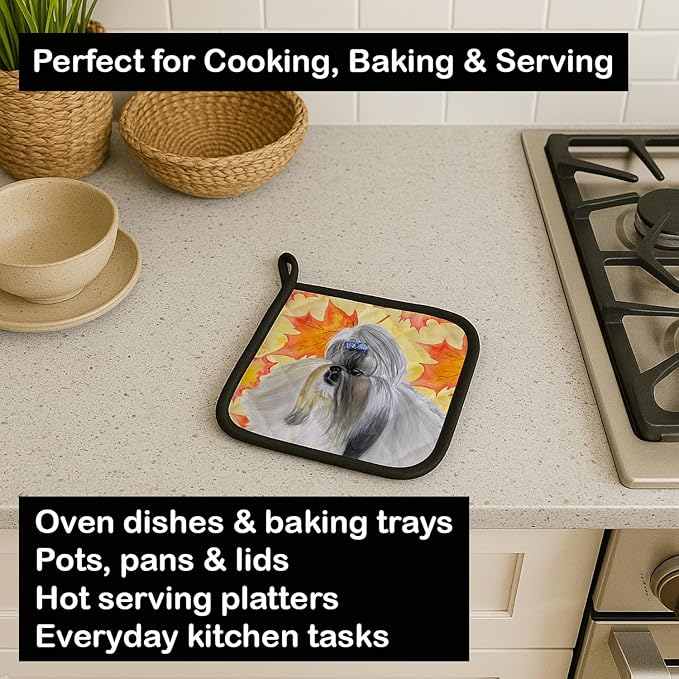 Caroline's Treasures BB9927PTHD Shih Tzu Fall Pair of Pot Holders, Yellow Kitchen Heat Resistant Pot Holders Sets Oven Hot Pads for Cooking Baking BBQ, 7 1/2 x 7 1/2
