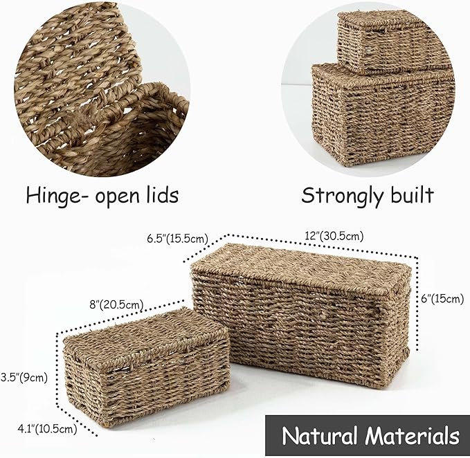 Seagrass Rectangle Storage Boxes w Lid | Set 2 Household Essential Shelf Organizer - Decorative Wicker Bins for Home Office, Nusery Supplies, Kitchen Accessories - Rustic Bathroom Toilet Tank Topper